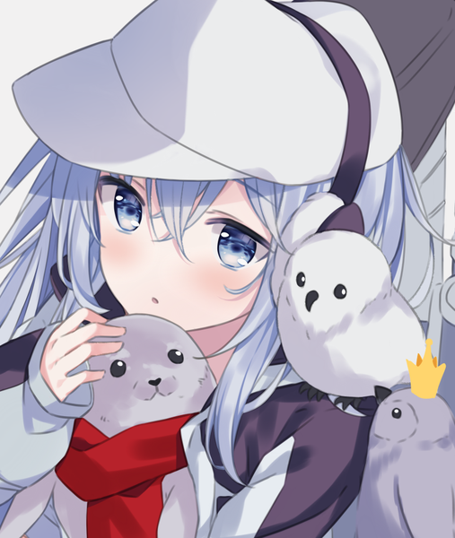 Anime picture 833x985 with kantai collection hibiki destroyer verniy destroyer hitsukuya single long hair tall image looking at viewer blush fringe blue eyes hair between eyes blue hair upper body from above :o cute animal on shoulder bird on shoulder girl