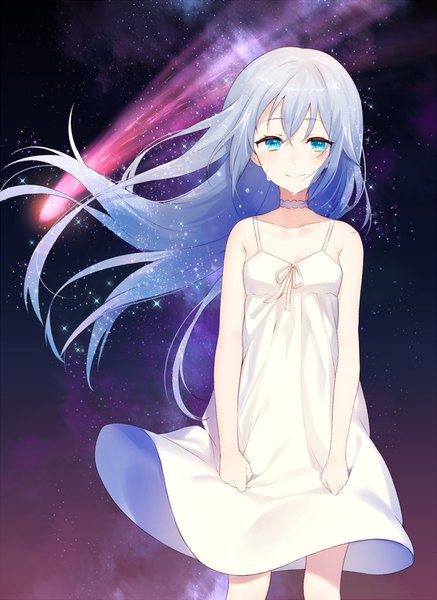 Anime picture 875x1200 with original achiki single long hair tall image looking at viewer blush fringe smile hair between eyes standing bare shoulders silver hair aqua eyes wind night sparkle tears shooting star girl
