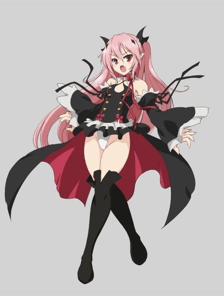 Anime picture 758x1000 with owari no seraph wit studio kururu tepes ouhashi single long hair tall image looking at viewer blush fringe open mouth light erotic simple background hair between eyes red eyes standing twintails bare shoulders payot pink hair