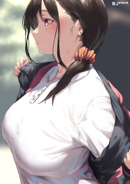 Anime picture 800x1131 with original jonsun single long hair tall image blush fringe breasts black hair large breasts standing purple eyes signed looking away upper body profile mole open jacket depth of field mole under eye