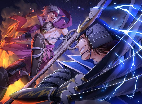 Anime picture 1024x751 with sengoku basara production i.g date masamune motochika chousokabe kuren (artist) short hair open mouth smile brown hair brown eyes silver hair cloud (clouds) white hair night multiple boys night sky topless scenic clothes on shoulders battle