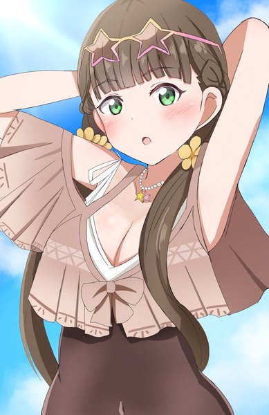 Anime picture 2578x3972 with hello!!! love live! sunrise (studio) love live! sakurakouji kinako matcha moti375 single long hair tall image looking at viewer blush fringe highres breasts open mouth light erotic brown hair standing twintails green eyes sky