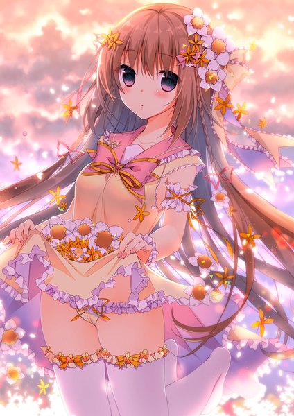 Anime picture 707x1000 with original yadapot single long hair tall image looking at viewer blush fringe light erotic brown hair purple eyes holding payot cloud (clouds) bent knee (knees) braid (braids) nail polish parted lips hair flower twin braids
