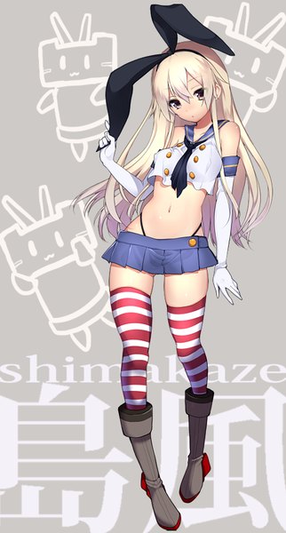 Anime-Bild 500x930 mit kantai collection shimakaze destroyer matarou (genkai toppa) single long hair tall image looking at viewer fringe blonde hair standing bare shoulders brown eyes animal ears pleated skirt bare belly bunny ears girl thighhighs skirt gloves