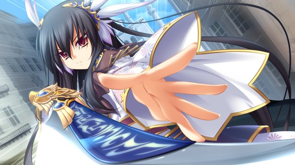 Anime picture 1024x576 with kamidori alchemy meister yuela long hair black hair red eyes wide image game cg girl sword