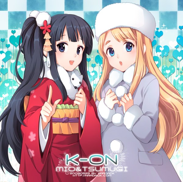 Anime picture 1200x1190 with k-on! kyoto animation akiyama mio kotobuki tsumugi nardack long hair blue eyes black hair blonde hair multiple girls ponytail very long hair traditional clothes japanese clothes side ponytail checkered checkered background girl hair ornament 2 girls