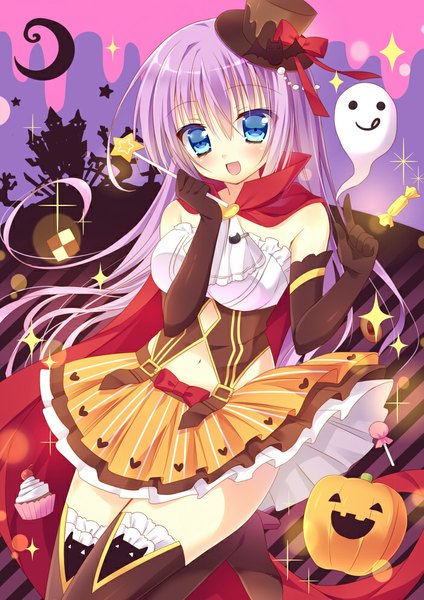 Anime picture 700x990 with original sumisaki yuzuna single long hair tall image blush open mouth blue eyes purple hair halloween girl dress gloves hat black gloves elbow gloves cookie (cookies)