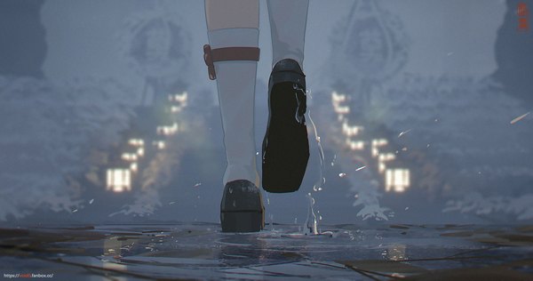 Аниме картинка 2048x1080 с genshin impact hu tao (genshin impact) void 0 (artist) один (одна) высокое разрешение широкое изображение подписанный на улице ножки крупный план голова вне кадра девушка носки обувь носки (белые) фонарь лестница лужа