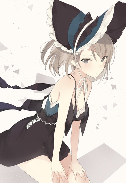 Anime picture 660x956 with original lpip single tall image looking at viewer blush fringe short hair blue eyes simple background hair between eyes white background bare shoulders grey hair leaning leaning forward floating hair hands on hips girl dress