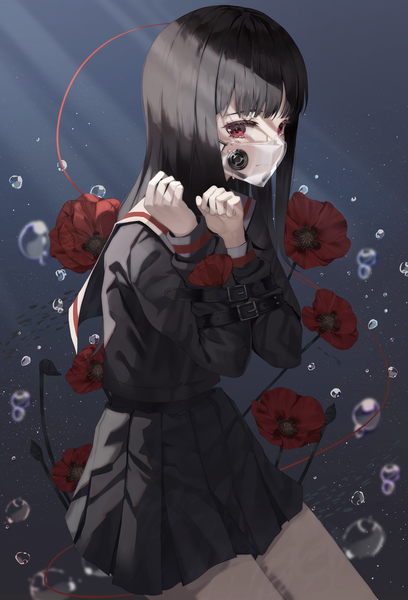 Anime picture 3266x4800 with original ruda (ruda e) single long hair tall image looking at viewer fringe highres black hair simple background red eyes absurdres blunt bangs long sleeves pleated skirt blurry arms up tears underwater transparent