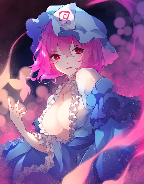 Anime picture 1408x1796 with touhou saigyouji yuyuko chiroru (cheese-roll) single tall image looking at viewer fringe short hair breasts light erotic hair between eyes red eyes large breasts pink hair cleavage upper body girl hat insect butterfly