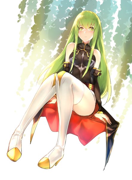 Anime picture 2228x3015 with code geass sunrise (studio) c.c. horz single long hair tall image looking at viewer fringe highres breasts green eyes bent knee (knees) green hair arm support from below girl detached sleeves boots thigh boots