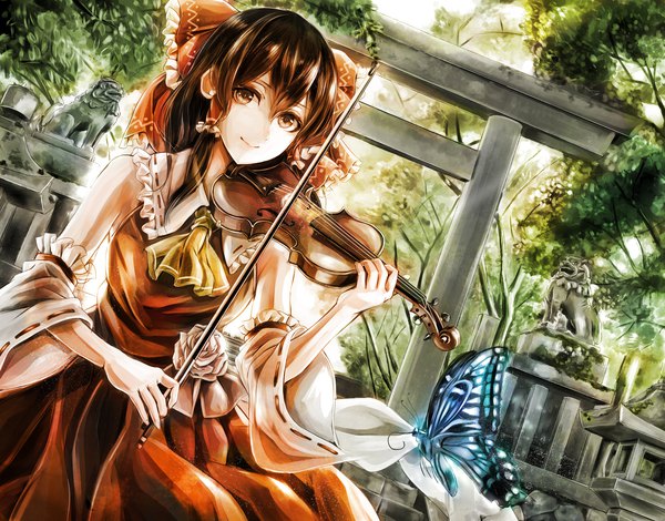 Anime picture 1920x1503 with touhou hakurei reimu jan (lightdragoon) single long hair looking at viewer fringe highres smile hair between eyes brown hair brown eyes wide sleeves nature playing instrument girl dress bow plant (plants) hair bow