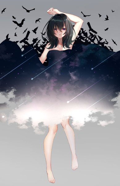 Anime picture 2606x4018 with original taku3949 single long hair tall image looking at viewer blush fringe highres open mouth black hair simple background hair between eyes standing purple eyes bare shoulders full body barefoot arm up fingernails