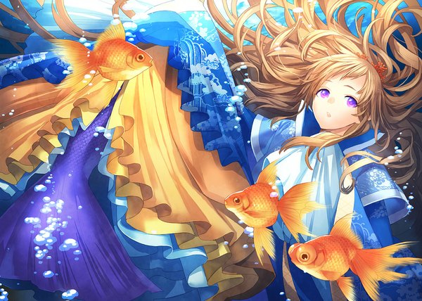 Anime picture 1000x714 with original toti (pixiv) single long hair looking at viewer brown hair purple eyes tail underwater girl dress bubble (bubbles) fish (fishes) tiara mermaid coral