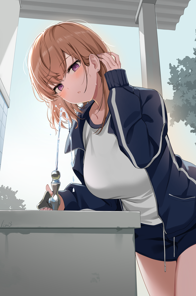 Anime picture 2510x3789 with original ikomochi single long hair tall image looking at viewer blush fringe highres breasts open mouth brown hair large breasts standing purple eyes payot sky outdoors head tilt open jacket
