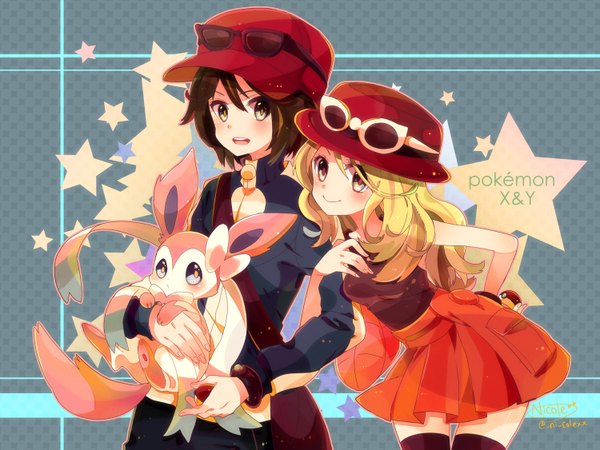 Anime picture 1500x1125 with pokemon pokemon xy nintendo serena (pokemon) sylveon calme (pokemon) nicole (usako) long hair looking at viewer blush short hair open mouth blue eyes blonde hair smile brown hair signed copyright name hand on hip checkered