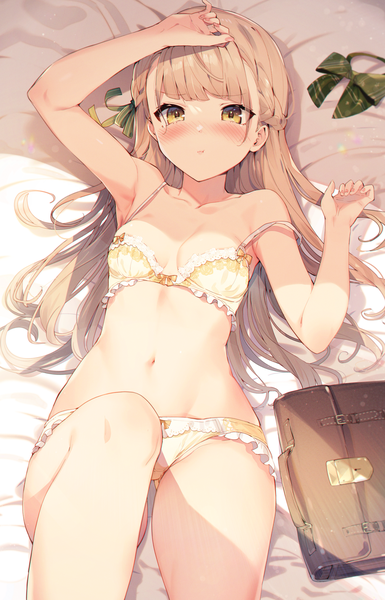 Anime picture 3316x5165 with original kat (bu-kunn) single long hair tall image looking at viewer blush fringe highres breasts light erotic blonde hair yellow eyes absurdres indoors lying arm up sunlight armpit (armpits) on back