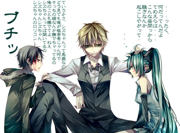 Anime picture 1850x1375 with durarara!! vocaloid brains base (studio) hatsune miku orihara izaya heiwajima shizuo tsukioka tsukiho long hair highres short hair black hair blonde hair red eyes twintails green eyes green hair crossover girl boy blood