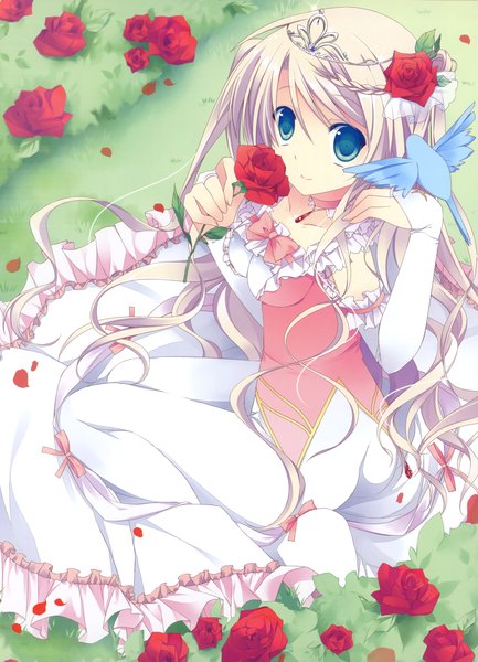 Anime picture 2450x3397 with original purinko single long hair tall image highres blue eyes sitting white hair from above bird on hand girl dress flower (flowers) animal frills bird (birds) rose (roses) tiara red rose