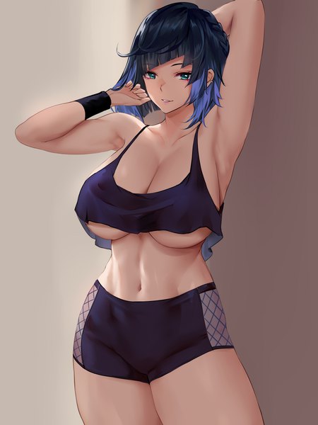 Anime picture 4500x6000 with genshin impact yelan (genshin impact) azto dio single tall image looking at viewer fringe highres short hair breasts light erotic large breasts blue hair absurdres cleavage blunt bangs parted lips aqua eyes arms up armpit (armpits)