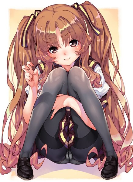 Anime picture 730x1000 with ano natsu de matteru j.c. staff yamano remon kink single long hair tall image looking at viewer blush light erotic smile brown hair sitting twintails brown eyes pantyshot pantyshot sitting girl uniform underwear