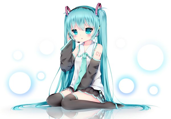 Anime picture 1000x700 with vocaloid hatsune miku nachi single looking at viewer blush twintails bare shoulders very long hair aqua hair girl thighhighs black thighhighs detached sleeves necktie headphones