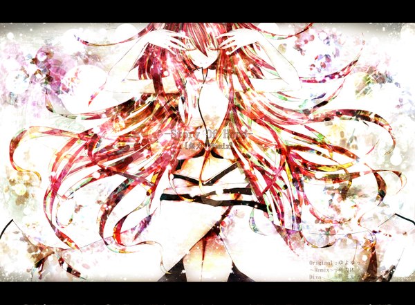 Anime picture 1316x968 with vocaloid megurine luka ruuya single long hair red hair eyes closed inscription girl dress