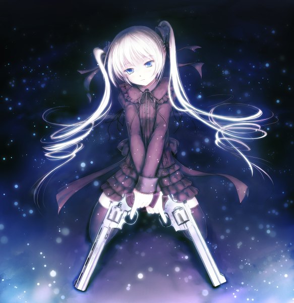 Anime picture 1166x1200 with original aruciii single long hair tall image looking at viewer twintails white hair dark background girl thighhighs dress bow weapon black thighhighs hair bow gun revolver