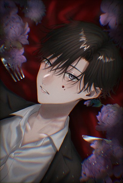 Anime picture 2362x3496 with original shiyon (shiyon44 me) single tall image looking at viewer fringe highres short hair black hair hair between eyes upper body parted lips grey eyes open collar anaglyph blood on face boy flower (flowers) shirt white shirt