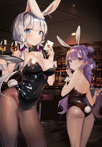 Anime picture 647x933 with azur lane illustrious (azur lane) unicorn (azur lane) sabet (young ouo) long hair tall image looking at viewer blush fringe breasts blue eyes light erotic hair between eyes large breasts standing purple eyes twintails bare shoulders multiple girls animal ears