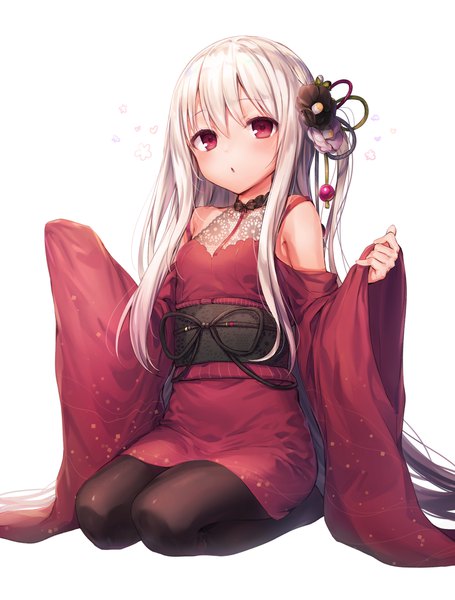 Anime picture 1323x1746 with original kasako (kasu) komeshiro kasu single long hair tall image looking at viewer blush fringe open mouth simple background red eyes white background sitting payot full body white hair traditional clothes japanese clothes wide sleeves