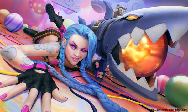 Anime picture 1600x954 with league of legends jinx (league of legends) alexnegrea wide image holding blue hair looking away braid (braids) very long hair nail polish pink eyes fingernails lips tattoo lipstick twin braids eyebrows on stomach eyeshadow pink lipstick