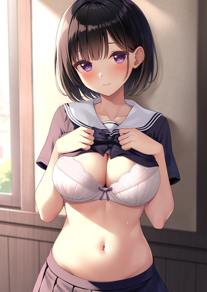 Anime picture 2508x3541 with original inoue yurina karutamo single tall image looking at viewer blush fringe highres short hair breasts light erotic black hair large breasts standing purple eyes cleavage indoors blunt bangs head tilt