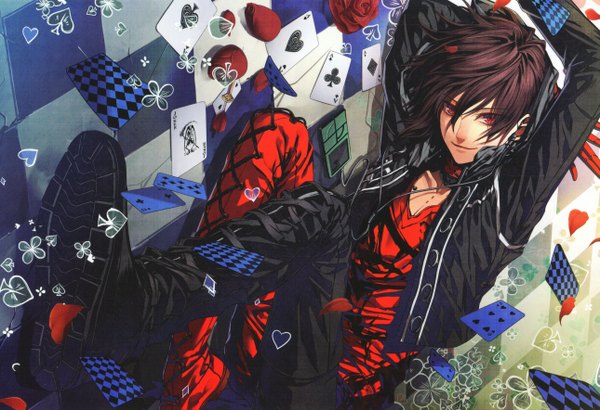 Anime picture 5158x3533 with amnesia idea factory shin (amnesia) looking at viewer highres short hair smile red eyes brown hair absurdres scan open clothes open jacket soles lacing checkered floor floor checkered boy petals