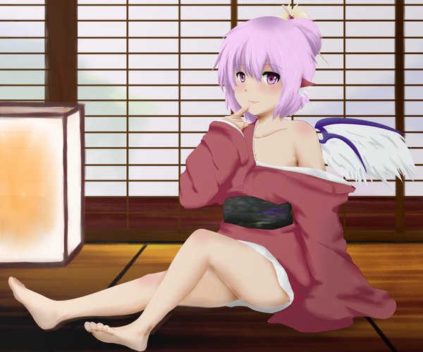 Anime picture 1536x1280 with touhou mystia lorelei akikaze shuu (artist) short hair pink hair japanese clothes pink eyes barefoot pointy ears finger to mouth girl wings kimono