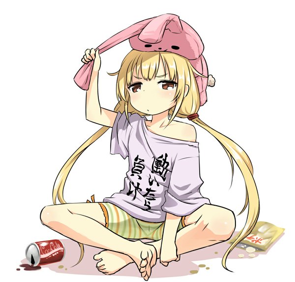 Anime picture 1000x956 with idolmaster cinderella girls coca-cola futaba anzu zaxwu single long hair blonde hair sitting twintails brown eyes payot barefoot low twintails hieroglyph girl toy stuffed animal chips