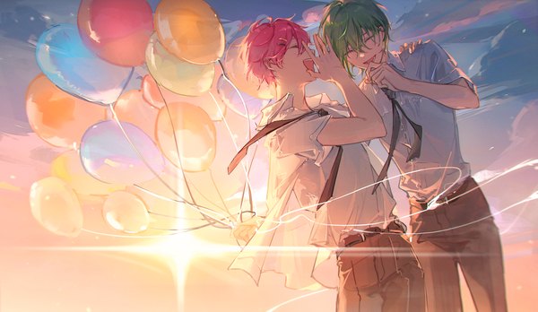 Anime picture 2848x1654 with original migan fringe highres short hair open mouth hair between eyes wide image pink hair outdoors eyes closed green hair multiple boys short sleeves boy necktie 2 boys balloon
