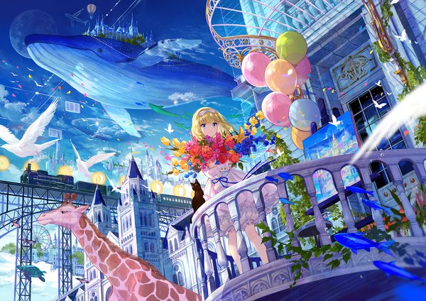 Anime picture 1700x1202 with original fuzichoco single fringe short hair blue eyes blonde hair smile standing holding sky cloud (clouds) outdoors blunt bangs city cityscape scenic transparent architecture painting