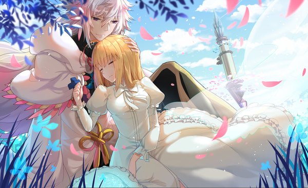 Anime picture 8105x4961 with fate (series) fate/grand order fate/stay night artoria pendragon (all) saber merlin (fate) kotatsu kaya long hair fringe highres breasts blonde hair hair between eyes wide image sitting purple eyes absurdres sky cloud (clouds) ahoge