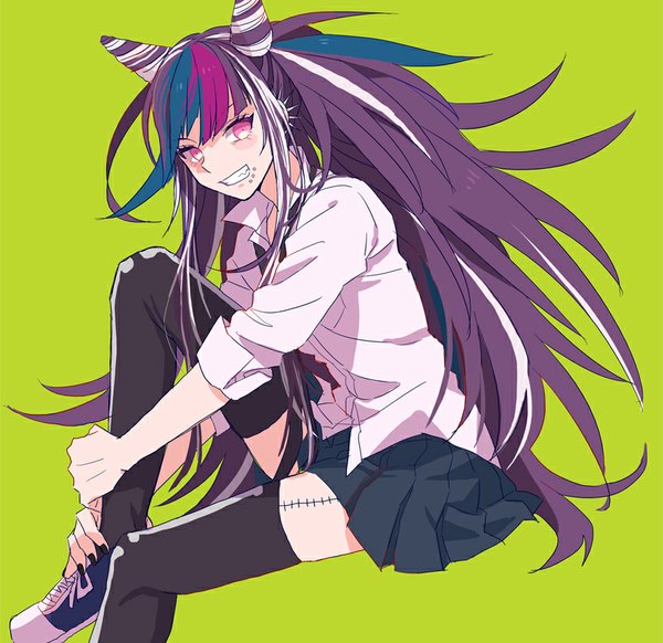 Anime picture 840x815 with dangan ronpa super dangan ronpa 2 mioda ibuki okuragon single long hair blush fringe simple background smile sitting looking away purple hair white hair pink eyes multicolored hair streaked hair grin piercing green background