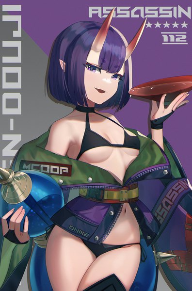 Anime picture 1671x2535 with fate (series) fate/grand order shuten douji (fate) dolce (dolsuke) single tall image looking at viewer fringe short hair breasts open mouth light erotic smile standing purple eyes holding purple hair :d horn (horns) pointy ears