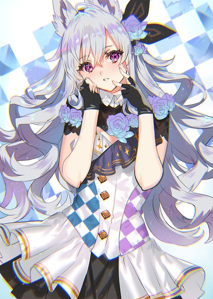Anime picture 855x1200 with original ranou single long hair tall image looking at viewer blush fringe hair between eyes standing purple eyes animal ears silver hair ahoge parted lips head tilt hair flower checkered checkered background hands on face