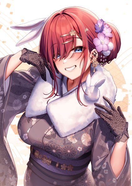 Anime picture 1061x1500 with original nanafuton single long hair tall image looking at viewer fringe blue eyes smile animal ears upper body red hair traditional clothes japanese clothes hair over one eye hair bun (hair buns) grin piercing fake animal ears ear piercing