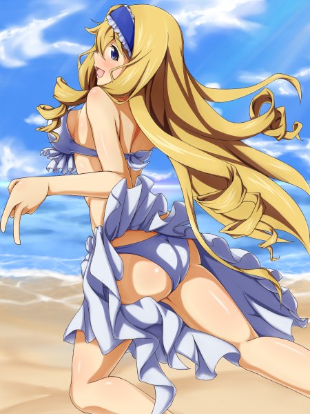 Anime picture 900x1200 with infinite stratos 8bit cecilia orcott mei ichi single long hair tall image blush open mouth blue eyes light erotic blonde hair sky cloud (clouds) drill hair girl swimsuit bikini hairband