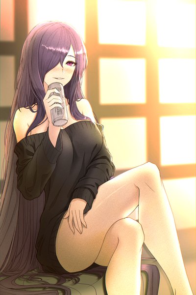 Anime-Bild 750x1125 mit original limeblock single tall image looking at viewer blush fringe breasts light erotic smile sitting purple eyes bare shoulders holding cleavage purple hair long sleeves very long hair parted lips hair over one eye