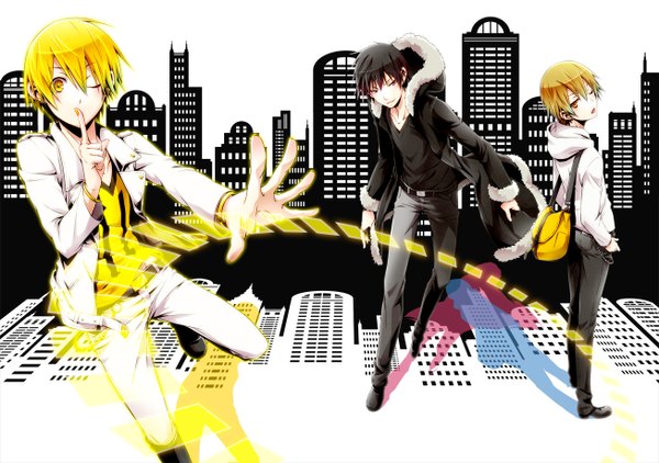 Anime picture 1306x920 with durarara!! brains base (studio) orihara izaya kida masaomi kaorie (artist) short hair open mouth black hair blonde hair red eyes one eye closed wink wallpaper finger to mouth dual persona boy jacket hood bag