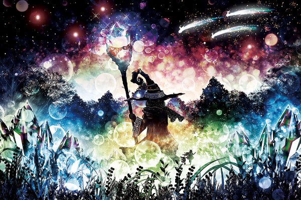 Anime picture 1200x800 with original harada miyuki long hair black hair multiple girls from behind witch shooting star girl 2 girls plant (plants) tree (trees) star (stars) grass witch hat bubble (bubbles) staff crystal