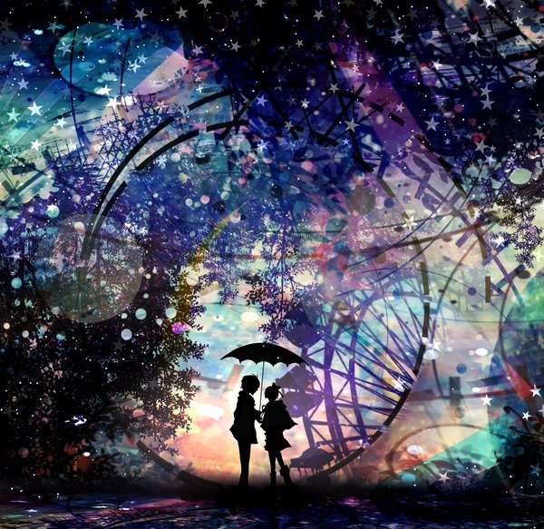 Anime-Bild 1166x1133 mit original harada miyuki short hair standing profile couple eye contact silhouette girl boy bow plant (plants) hair bow tree (trees) star (symbol) umbrella amusement park