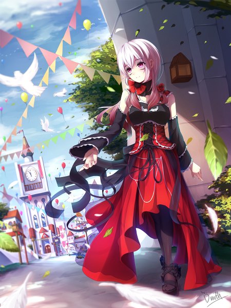 Anime picture 900x1200 with original dmith (baguscasbon) single long hair tall image smile pink hair sky cloud (clouds) pink eyes street girl dress plant (plants) animal pantyhose tree (trees) bird (birds) leaf (leaves) feather (feathers)